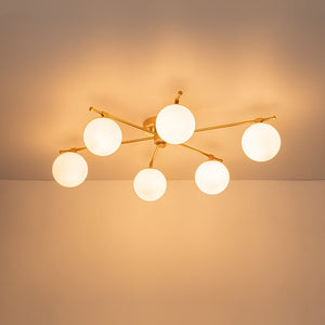 Farmhouze Light - Modern 6 - Light White Glass Globe Sputnik Semi Flush Mount - Ceiling Light - Brass - 