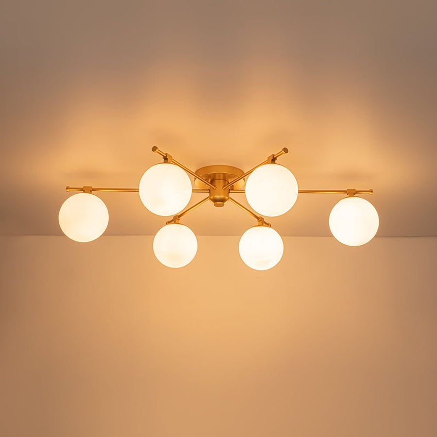 Farmhouze Light - Modern 6 - Light White Glass Globe Sputnik Semi Flush Mount - Ceiling Light - Brass - 