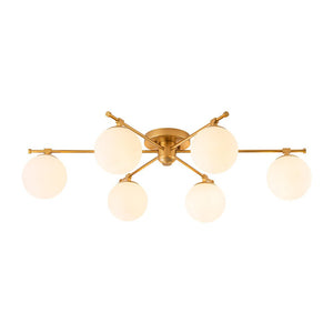 Farmhouze Light - Modern 6 - Light White Glass Globe Sputnik Semi Flush Mount - Ceiling Light - Brass - 
