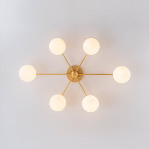 Farmhouze Light - Modern 6 - Light White Glass Globe Sputnik Semi Flush Mount - Ceiling Light - Brass - 