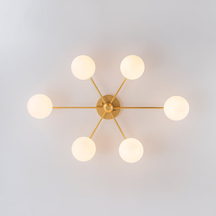 Farmhouze Light - Modern 6 - Light White Glass Globe Sputnik Semi Flush Mount - Ceiling Light - Brass - 