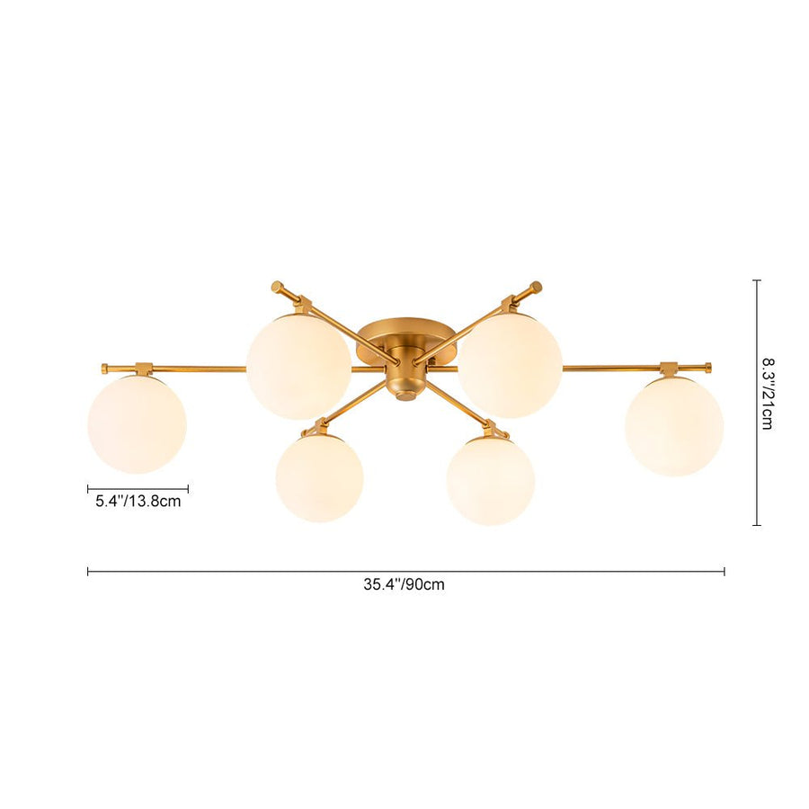 Farmhouze Light - Modern 6 - Light White Glass Globe Sputnik Semi Flush Mount - Ceiling Light - Brass - 
