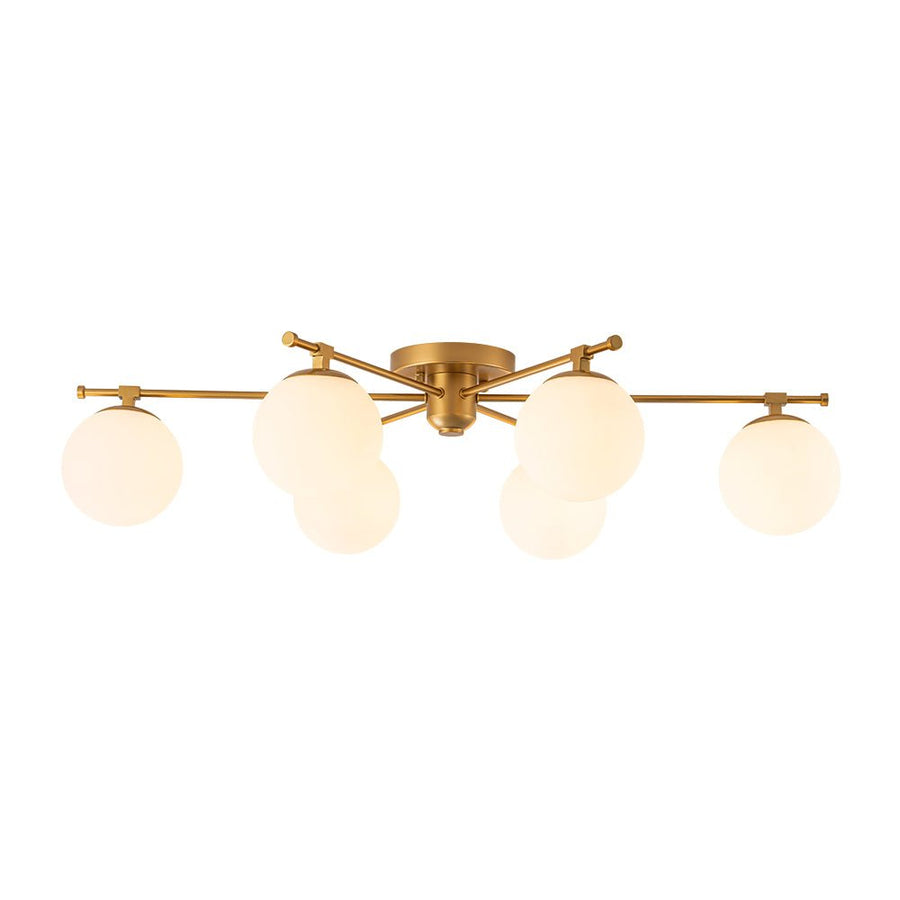 Farmhouze Light - Modern 6 - Light White Glass Globe Sputnik Semi Flush Mount - Ceiling Light - Brass - 