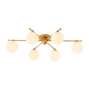Farmhouze Light - Modern 6 - Light White Glass Globe Sputnik Semi Flush Mount - Ceiling Light - Brass - 