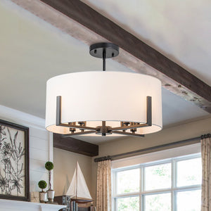 Farmhouze Light - Modern 8 - Light White Fabric Drum Pendant Semi Flush Chandelier - Chandelier - Black - 