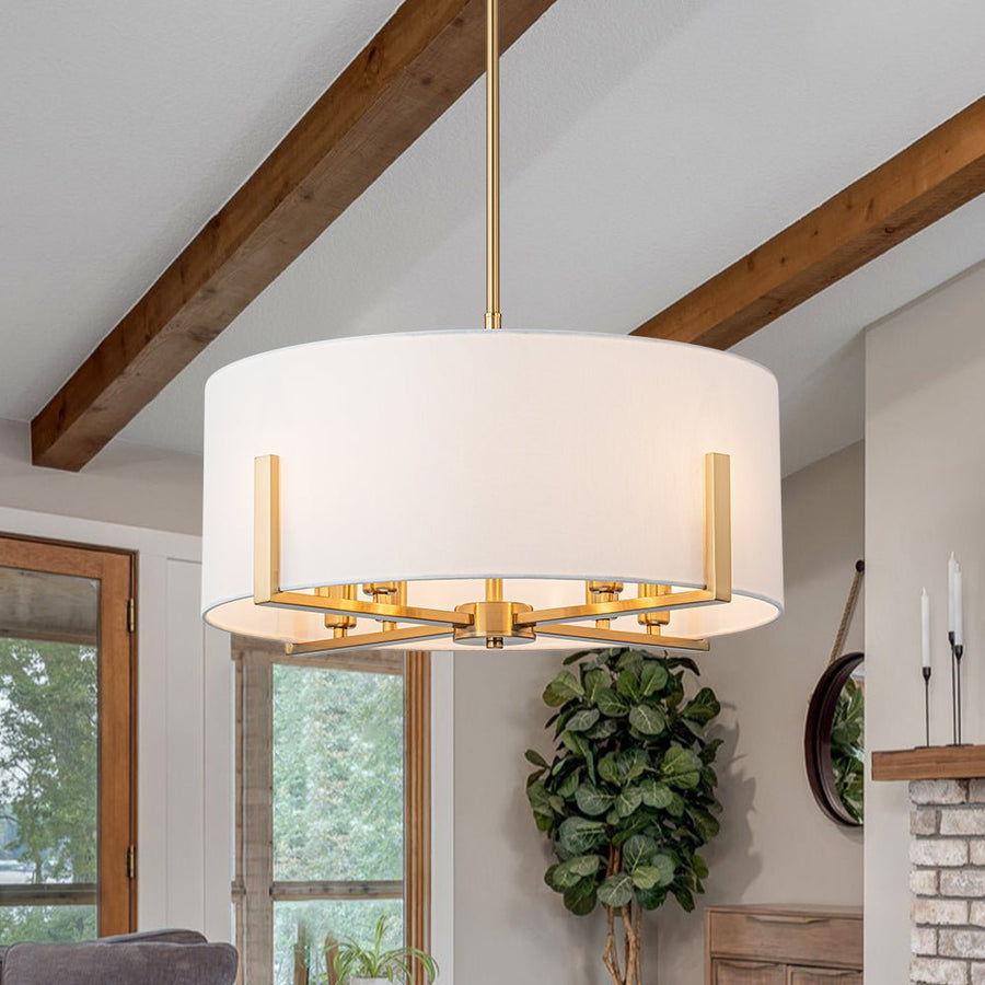 Farmhouze Light - Modern 8 - Light White Fabric Drum Pendant Semi Flush Chandelier - Chandelier - Brass - 