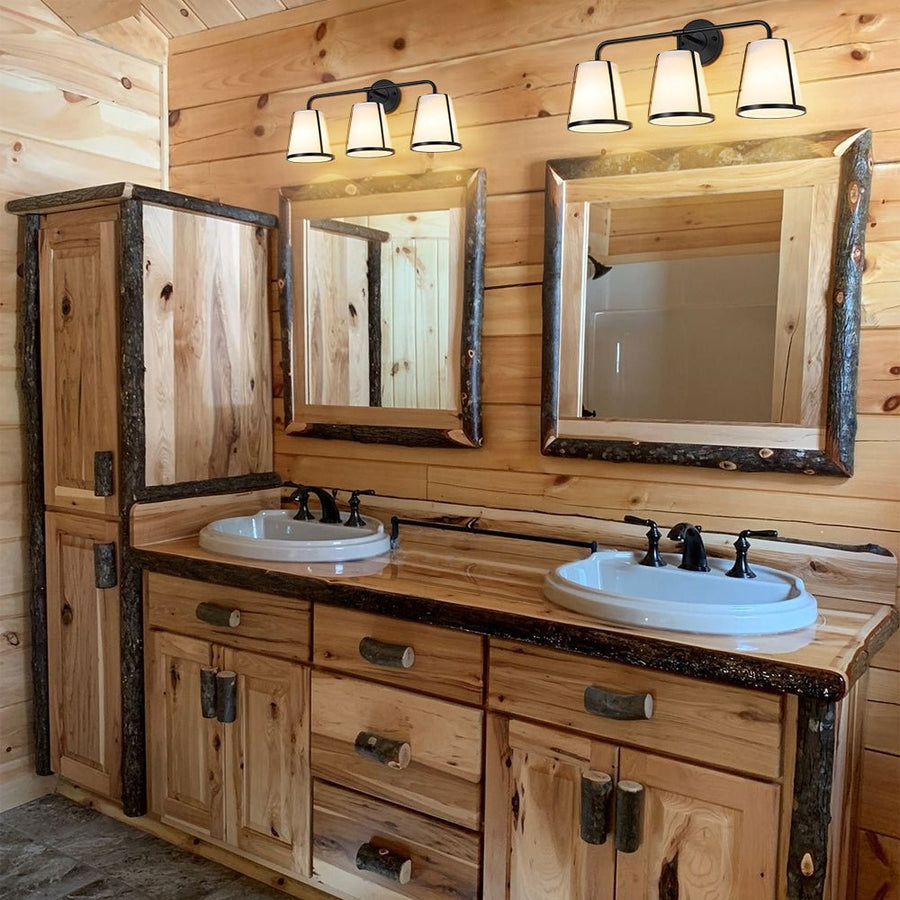 Farmhouze Light - Modern Beige Fabric Shade 3 - Light Vanity Wall Lamp - Wall Sconce - Black - 