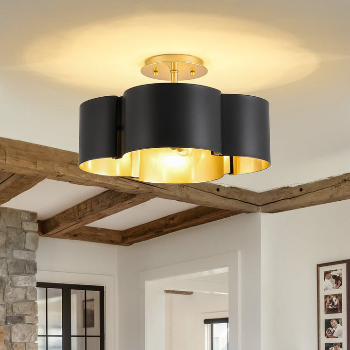 Farmhouze Light - Modern Black Gold Metal Floral Shade Round Ceiling Light - Ceiling Light - 16.5 in - 