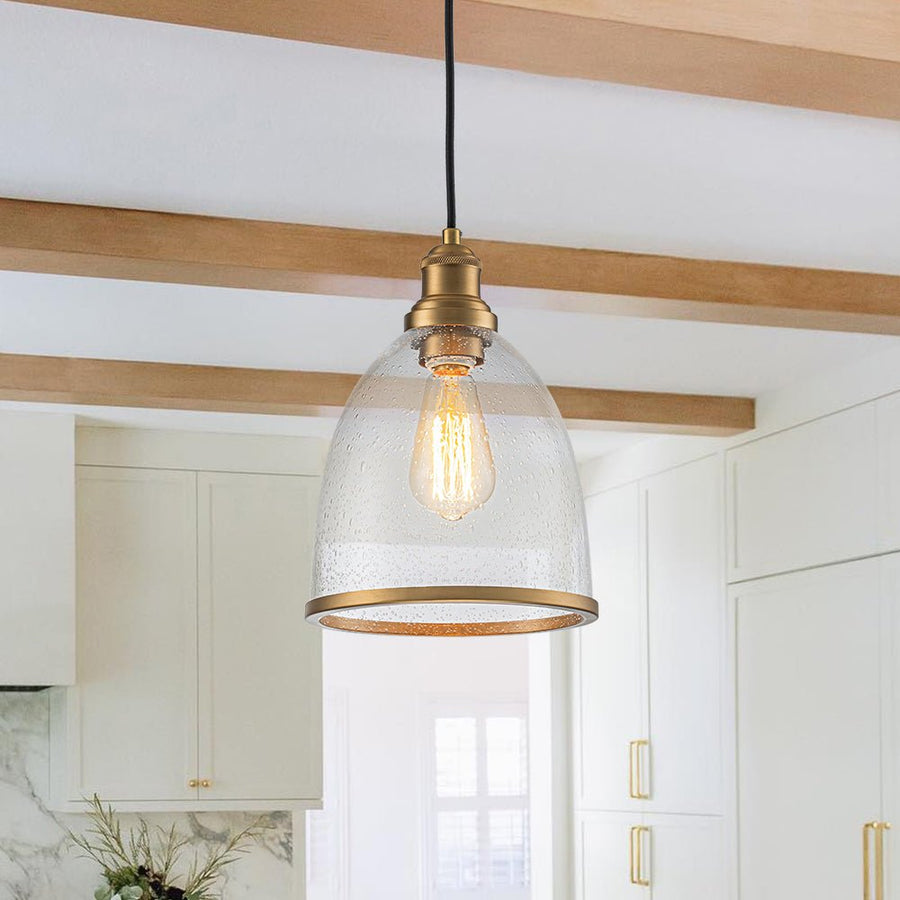 Farmhouze Light - Modern Brass 1 - Light Seeded Glass Bell Kitchen Pendant - Pendant - Seeded Glass - 