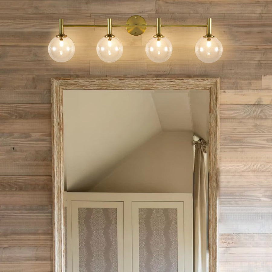 Farmhouze Light - Modern Brass 4 - Light Glass Globe Bathroom Vanity Light - Chandelier - Clear - 
