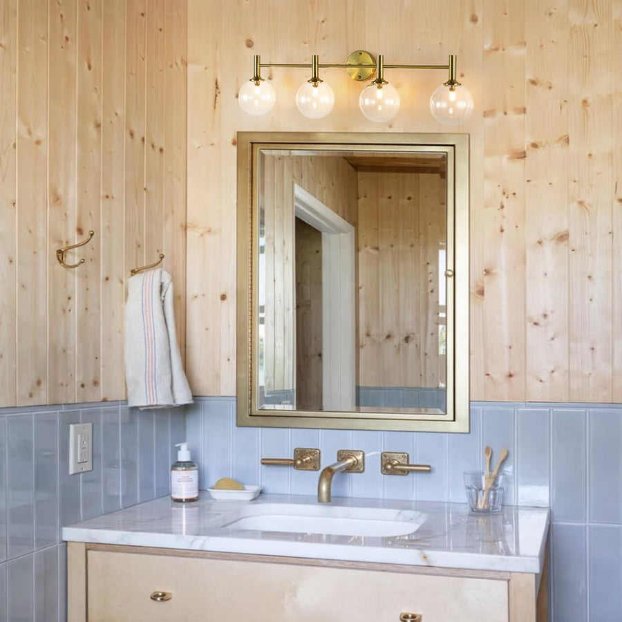 Farmhouze Light - Modern Brass 4 - Light Glass Globe Bathroom Vanity Light - Chandelier - Clear - 