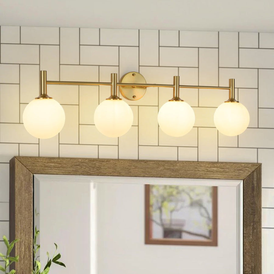 Farmhouze Light - Modern Brass 4 - Light Glass Globe Bathroom Vanity Light - Chandelier - Opal - 