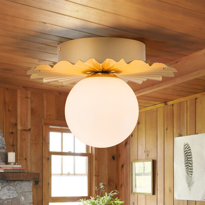 Farmhouze Light - Modern Brass Single White Glass Globe Semi Flush Mount - Ceiling Light - Brass - 
