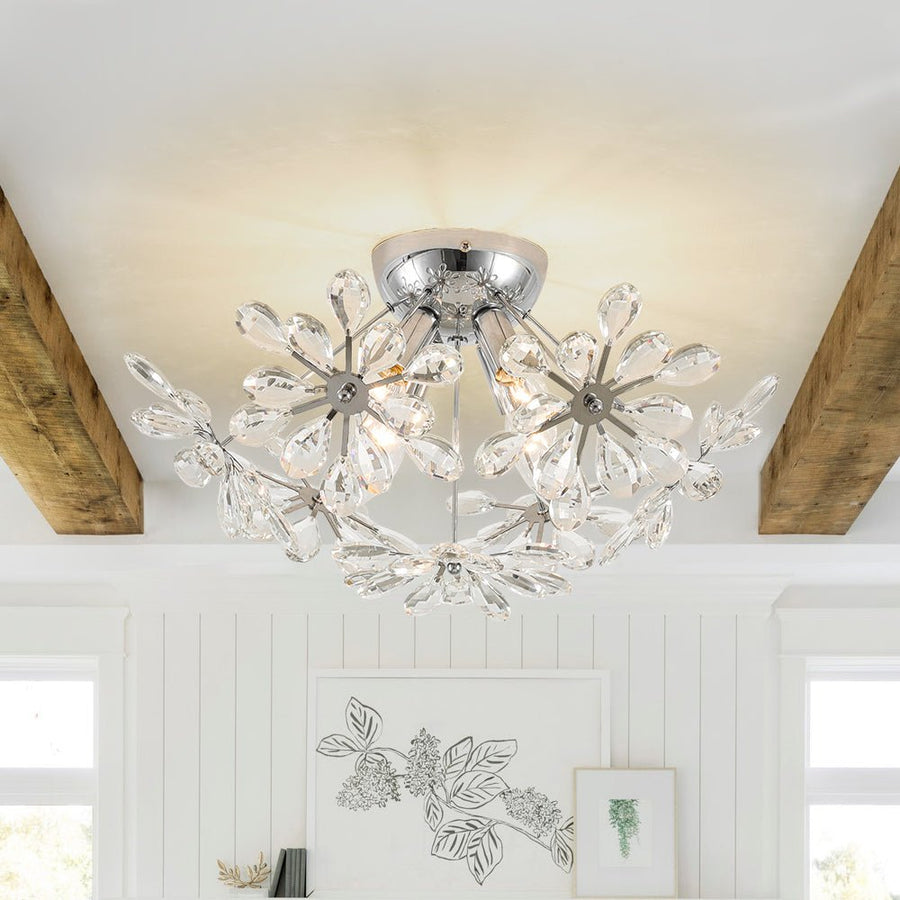 Farmhouze Light - Modern Crystal Floral Firework Starburst Semi Flush Mount - Ceiling Light - Chrome - 