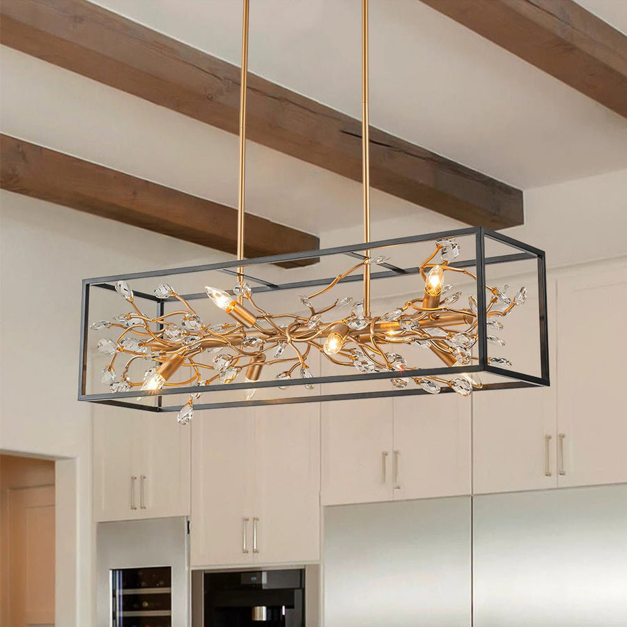 Farmhouze Light - Modern Gold Branch Crystal Black Rectangle Island Chandelier - Chandelier - Black + Gold - 