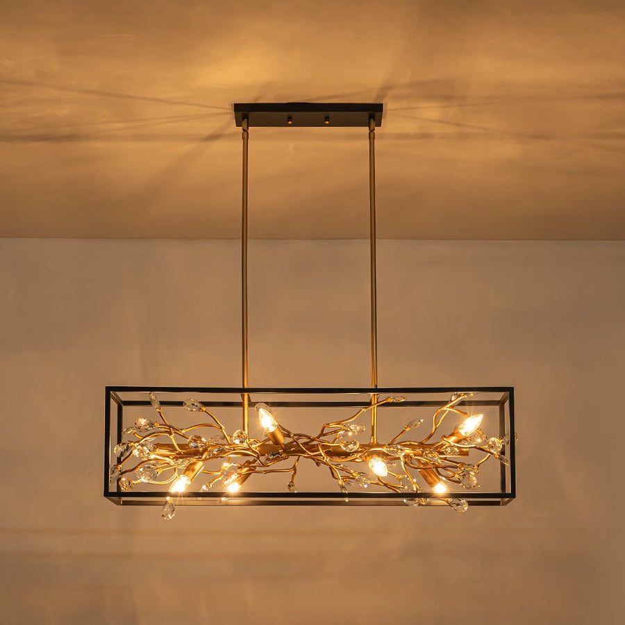 Farmhouze Light - Modern Gold Branch Crystal Black Rectangle Island Chandelier - Chandelier - Black + Gold - 