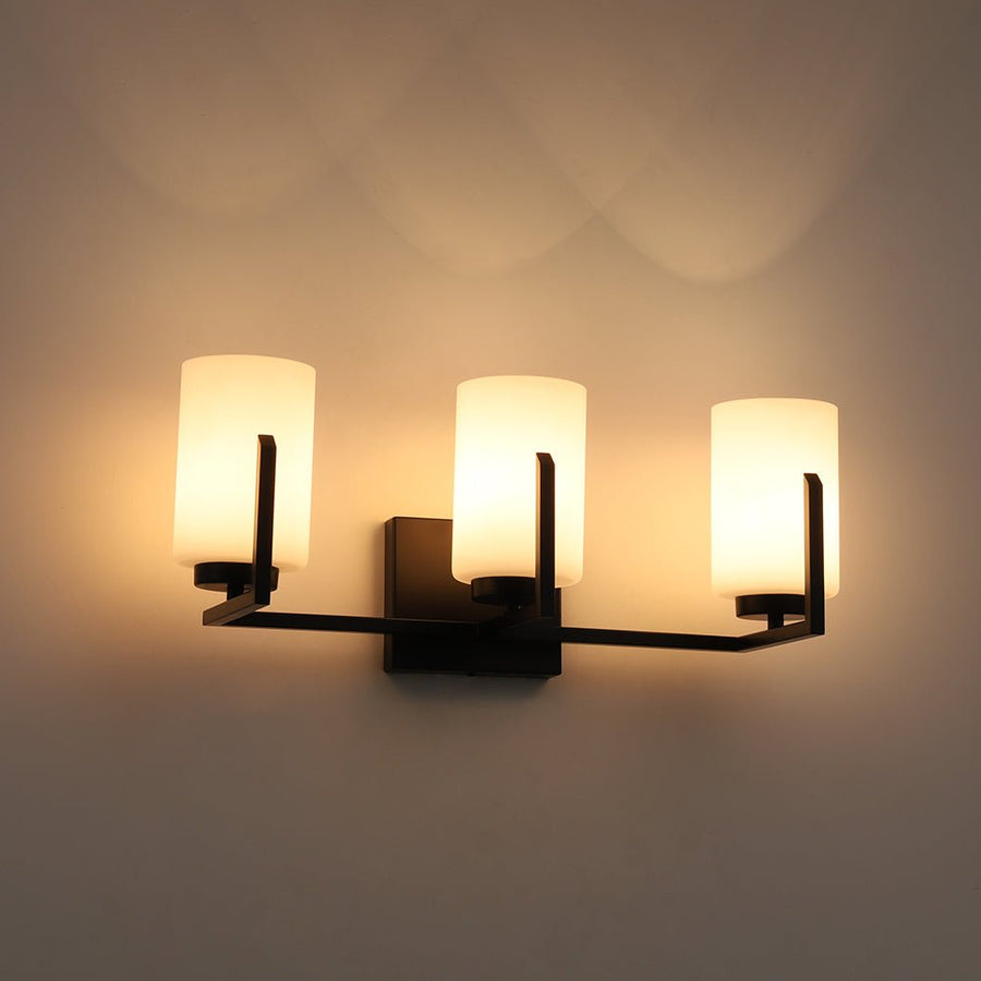 Farmhouze Light - Modern Gold Opal Glass Shade 3 - Light Vanity Lamp - Wall Sconce - Black - 