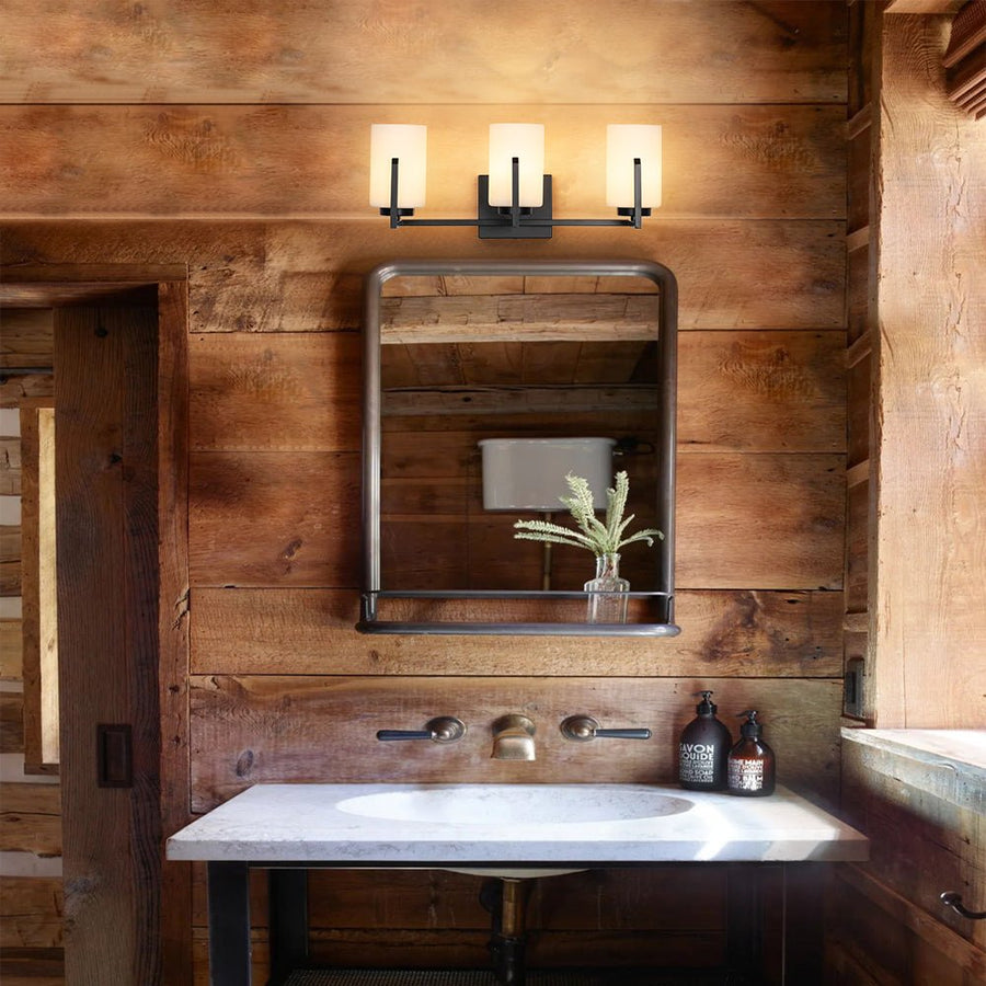 Farmhouze Light - Modern Gold Opal Glass Shade 3 - Light Vanity Lamp - Wall Sconce - Black - 