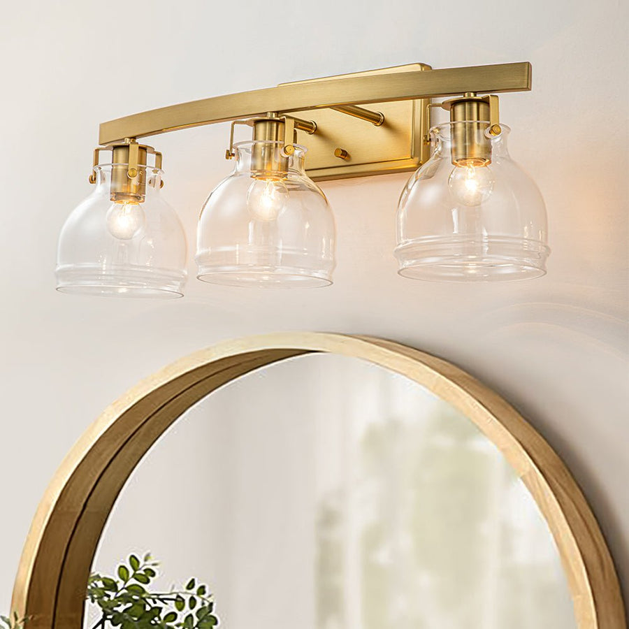 Farmhouze Light - Modern Mid - Century 3 - Light Clear Glass Vanity Wall Lamp - Wall Sconce - Brass - 