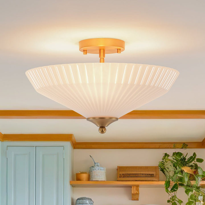 Farmhouze Light - Modern Round Ribbed White Glass Conical Semi Flush Light - Ceiling Light - Brass - 