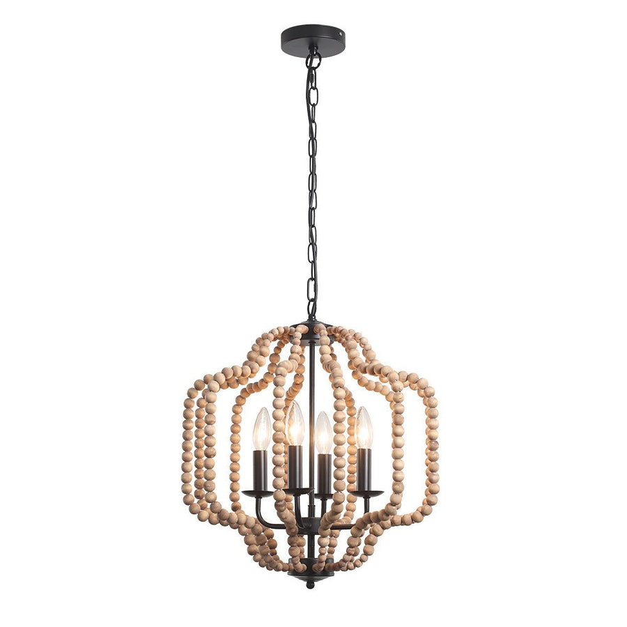 Farmhouze Light - OpenBox - 4 - Light Bohemian Wood Bead Cage Chandelier - Chandelier - Brown Wood + Matte Black - 