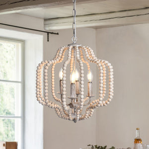 Farmhouze Light - OpenBox - 4 - Light Bohemian Wood Bead Cage Chandelier - Chandelier - Natural Wood + Rustic White - 