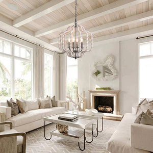 Farmhouze Light - OpenBox - 4 - Light Bohemian Wood Bead Cage Chandelier - Chandelier - Natural Wood + Rustic White - 