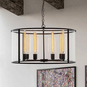 Farmhouze Light-OpenBox-8-Light Vintage Glass Wide Drum Lantern Pendant-Chandelier-Black-