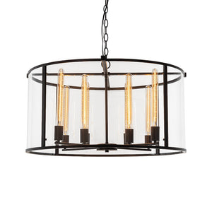 Farmhouze Light-OpenBox-8-Light Vintage Glass Wide Drum Lantern Pendant-Chandelier-Black-