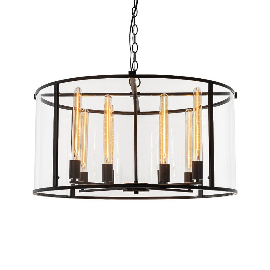 Farmhouze Light-OpenBox-8-Light Vintage Glass Wide Drum Lantern Pendant-Chandelier-Black-