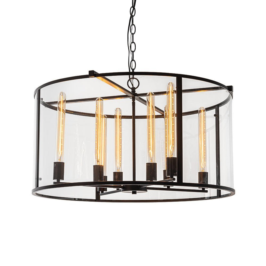 Farmhouze Light-OpenBox-8-Light Vintage Glass Wide Drum Lantern Pendant-Chandelier-Black-