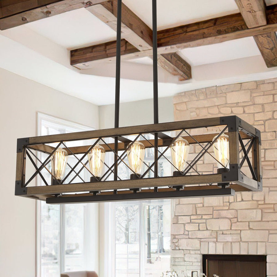 Farmhouze Light - OpenBox - Farmhouse Rectangle Wood Cage 5 Light Cross - iron Chandelier - Chandelier - 