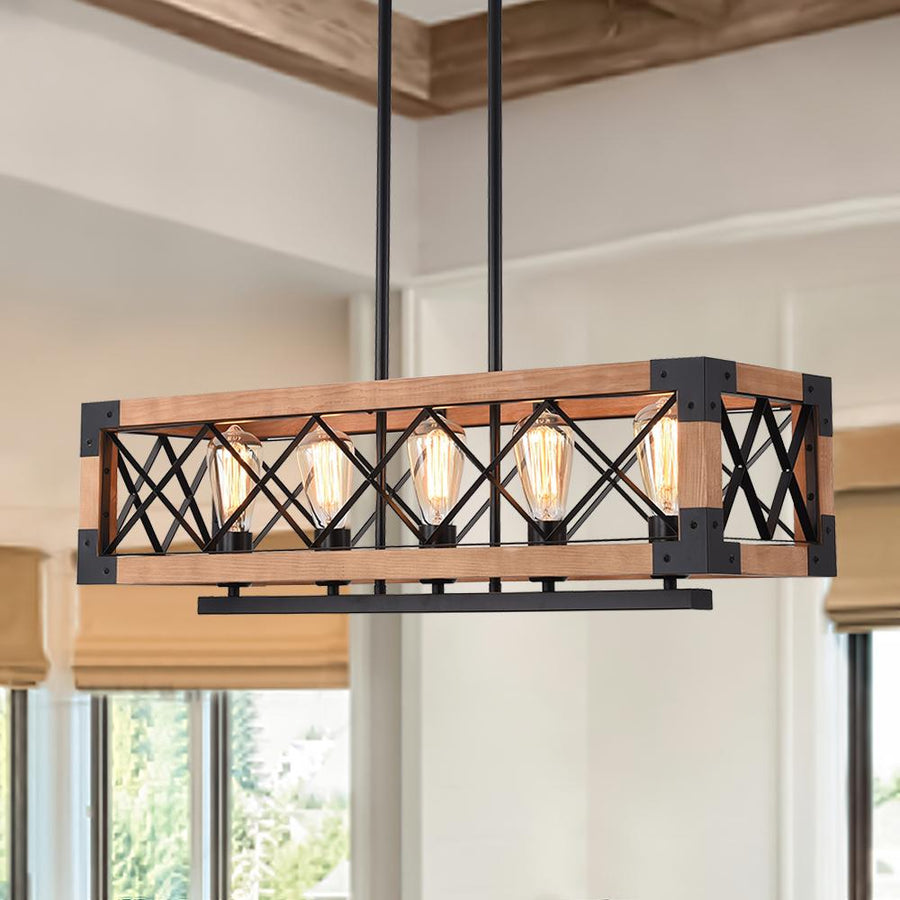 Farmhouze Light-OpenBox-Farmhouse Wood Rectangle Linear Chandelier-Chandelier--