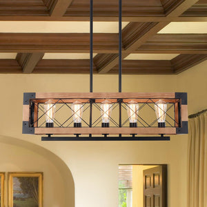 Farmhouze Light-OpenBox-Farmhouse Wood Rectangle Linear Chandelier-Chandelier--