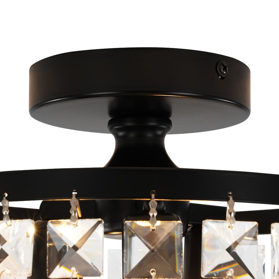 Farmhouze Light - Round Cutting Crystal Cage Black Semi Flush Light - Chandelier - Black - 