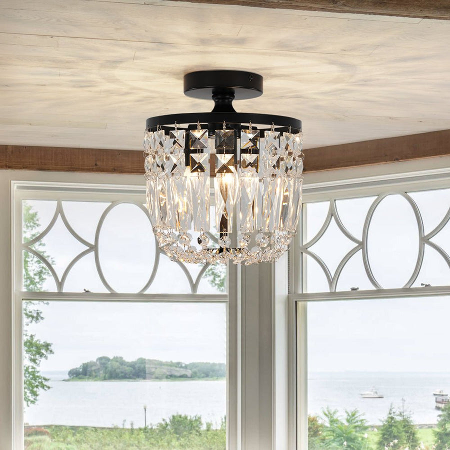 Farmhouze Light - Round Cutting Crystal Cage Black Semi Flush Light - Chandelier - Black - 