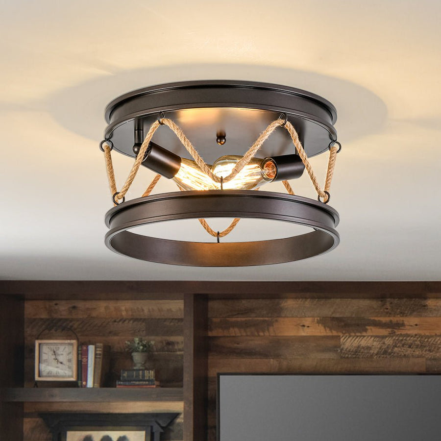 Rustic Rope Central Light Rustic Brown Hemp Rope Drum Lantern Semi Flush Mount | Farmhouze Light