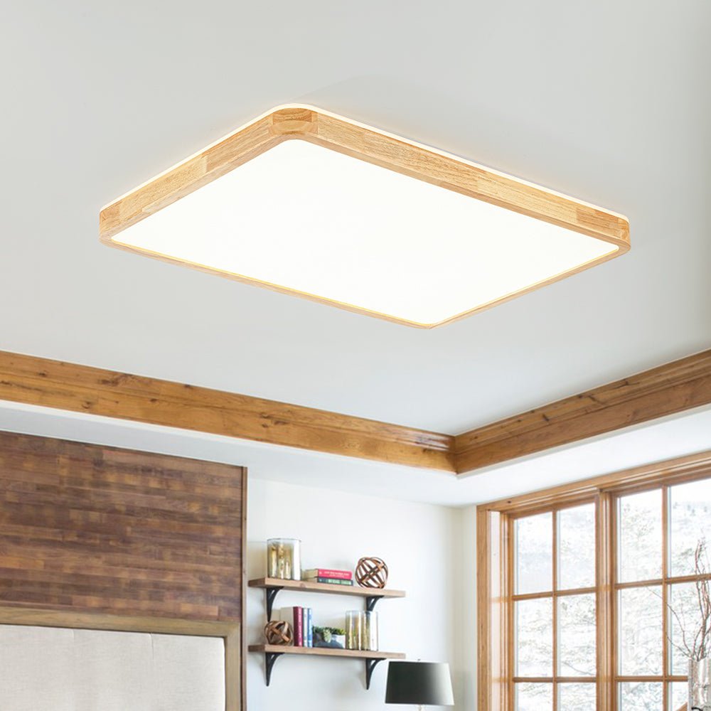Rustic Dimmable LED Wood Large Rectangle Flush Mount Farmhouze Light