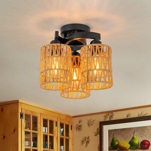 Farmhouze Light - Rustic Farmhouse Woven Rope Shade Semi Flush Mount - Ceiling Light - 3 Bulbs - 