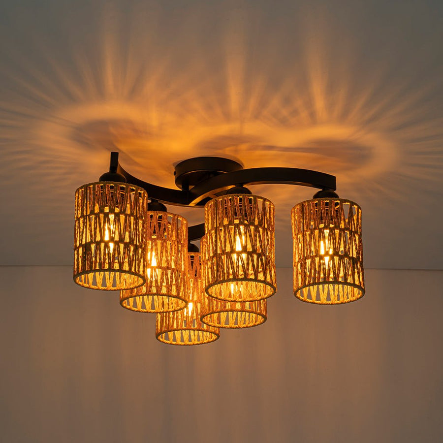 Farmhouze Light - Rustic Farmhouse Woven Rope Shade Semi Flush Mount - Ceiling Light - 3 Bulbs - 