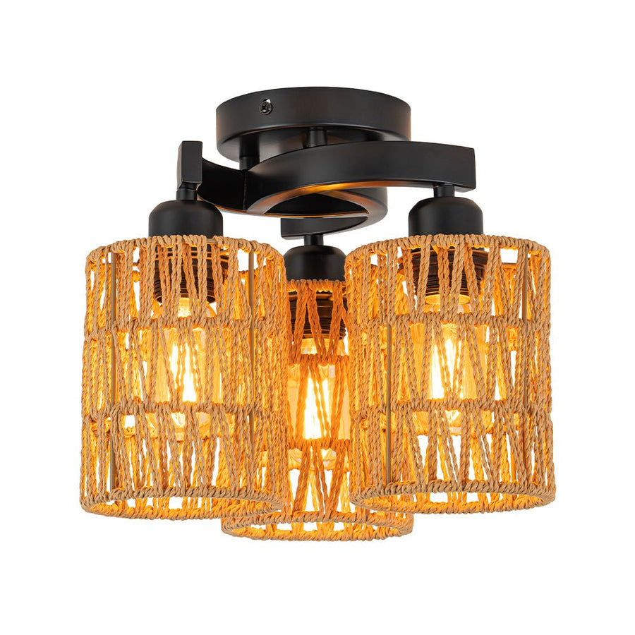 Farmhouze Light - Rustic Farmhouse Woven Rope Shade Semi Flush Mount - Ceiling Light - 3 Bulbs - 