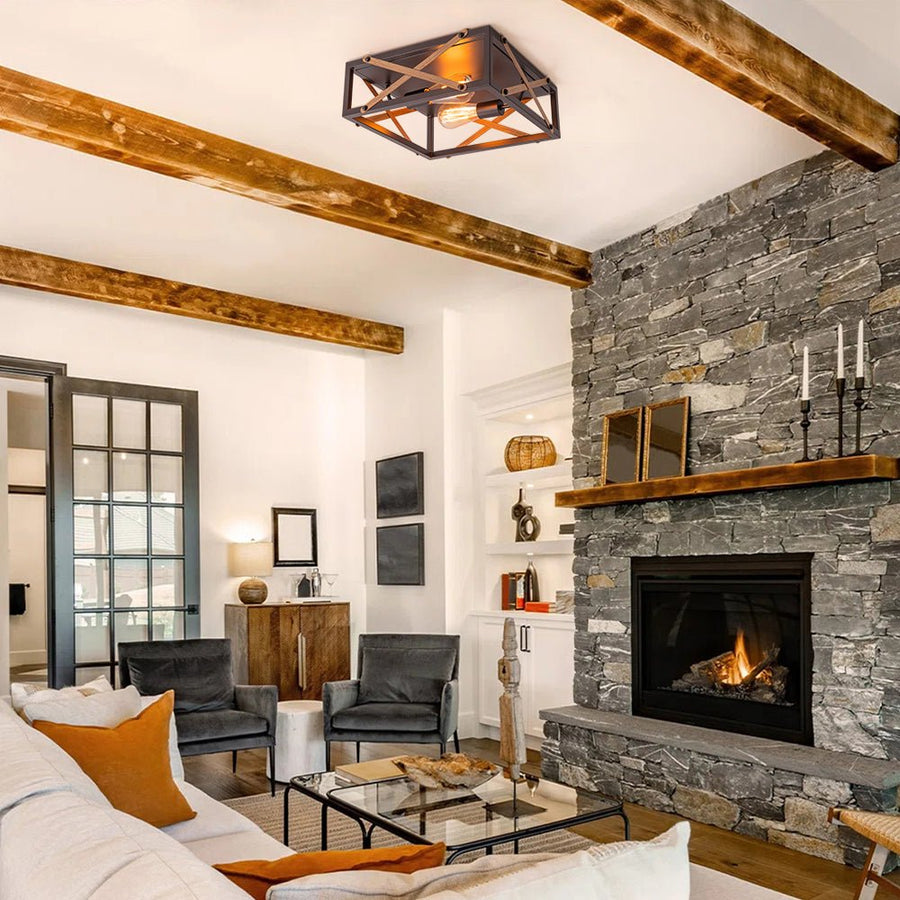 Vintage Rustic Square Cage Flush Mount Ceiling Light Farmhouze Light