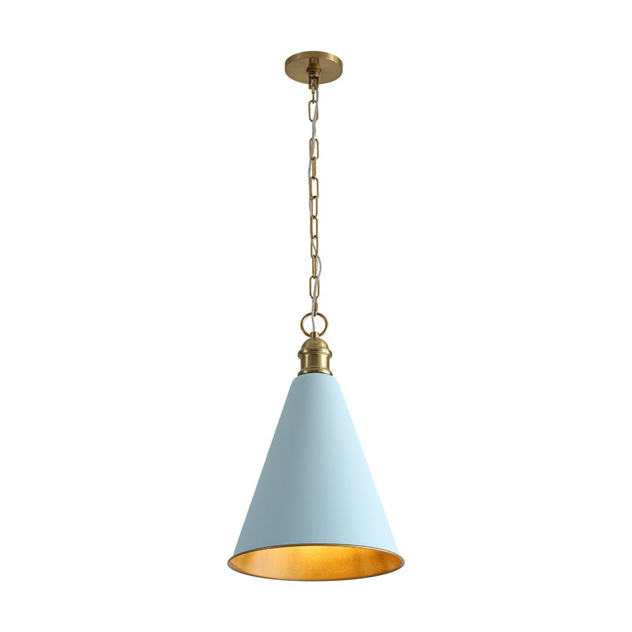 Farmhouze Light - Shaker Style Aged Brass Single Soft Blue Cone Pendant Light - Pendant - Blue + Brass - 