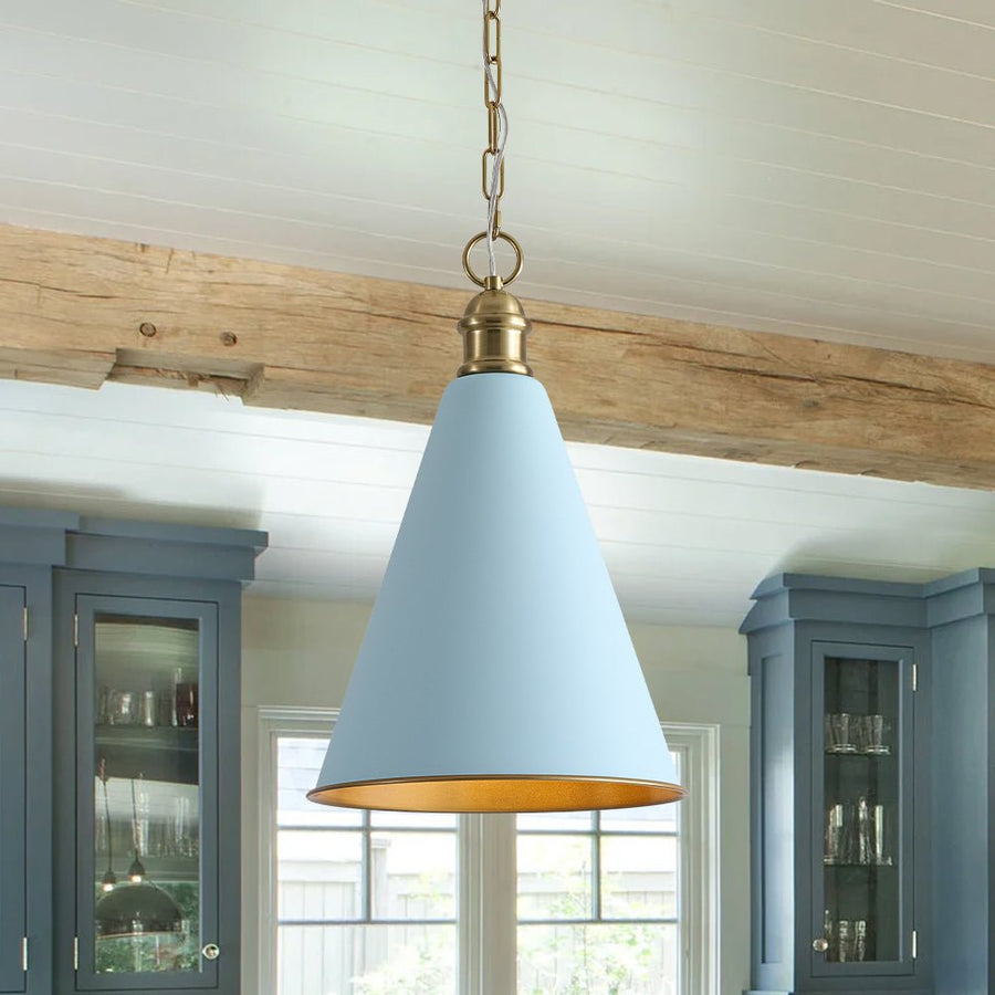 Farmhouze Light - Shaker Style Aged Brass Single Soft Blue Cone Pendant Light - Pendant - Blue + Brass - 