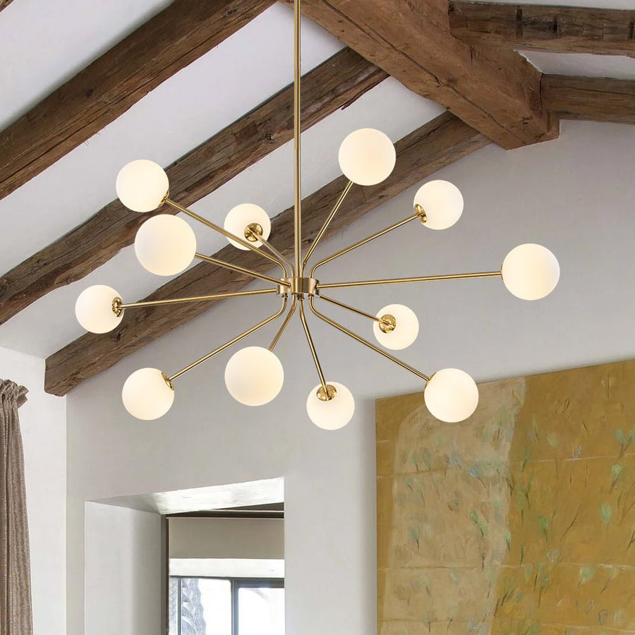 Farmhouze Light - Statement 12 - Light Frosted Glass Globe Sputnik Sunburst Chandelier - Chandelier - Brass - 