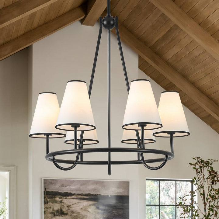 Farmhouze Light - Vintage 6 - Light White Fabric Shade Round Ring Chandelier - Chandelier - 25.6 in - 