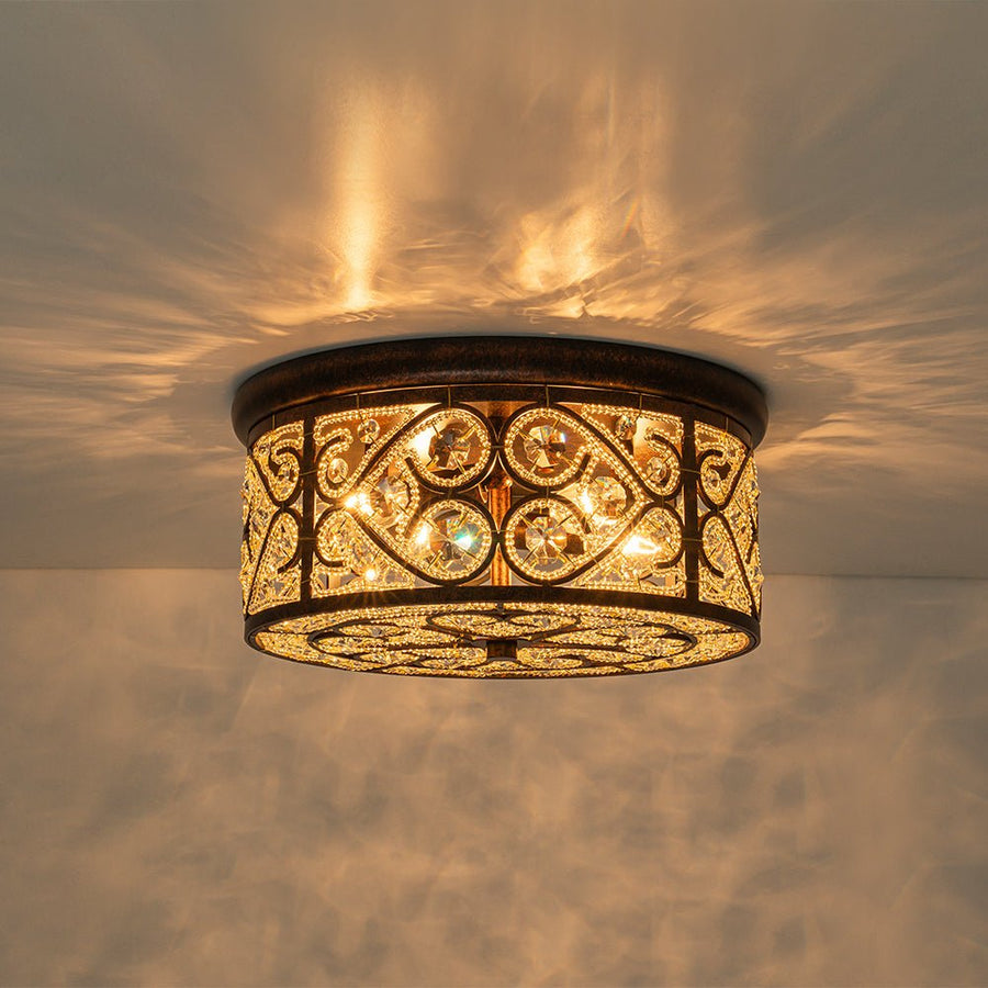 Vintage Copper Luxe Crystal Drum Cage Flush Mount Farmhouze Light