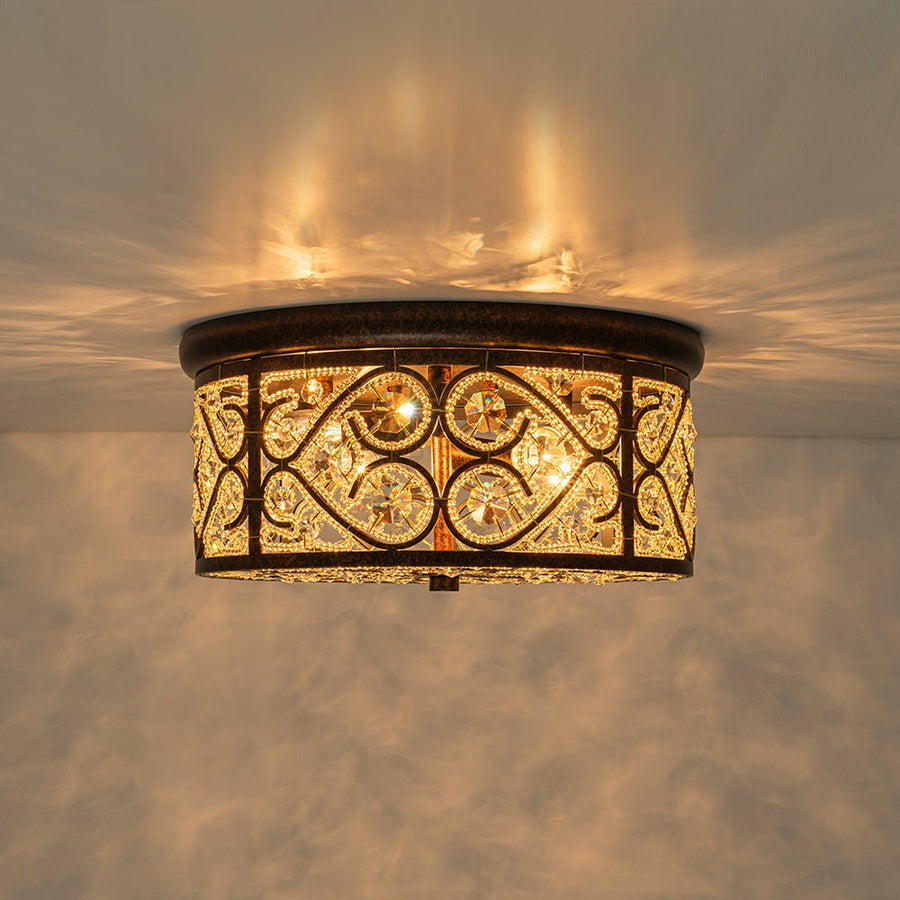 Farmhouze Light - Vintage Copper Luxe Crystal Drum Cage Flush Mount - Ceiling Light - Copper - 