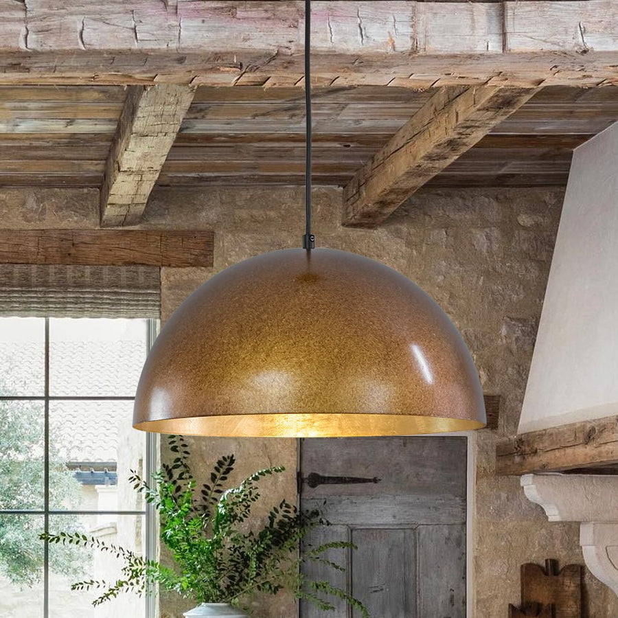 Farmhouze Light - Vintage Distressed Brown Oversized Metal Dome Pendant - Chandelier - 15in/Aged Gold - 