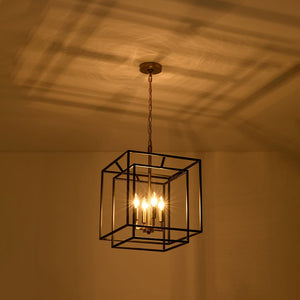 Farmhouze Light - Vintage Farmhouse 2 - Layer Metal Square Cage Chandelier - Chandelier - 4 Bulbs - 